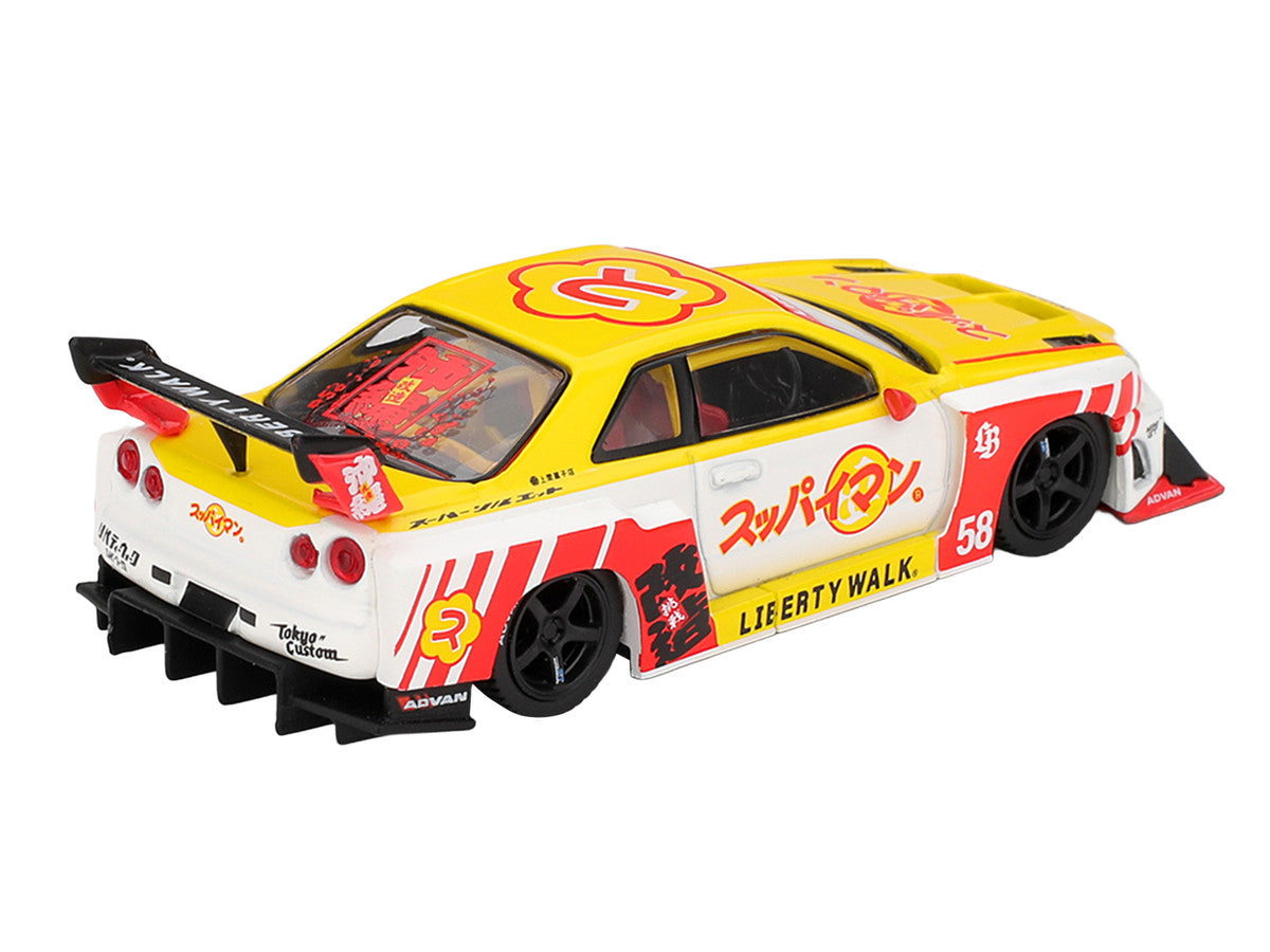 Nissan LB-ER34 Super Silhouette Skyline RHD (Right Hand Drive) #58 "Suppaiman Okinawa" Yellow and White with Graphics Limited Edition 1/64 Diecast Model Car by Mini GT Mini GT