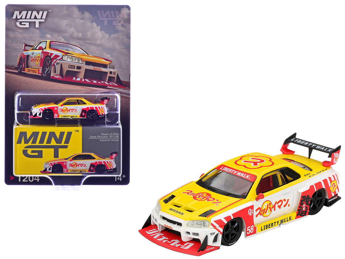 Nissan LB-ER34 Super Silhouette Skyline RHD (Right Hand Drive) #58 "Suppaiman Okinawa" Yellow and White with Graphics Limited Edition 1/64 Diecast Model Car by Mini GT Mini GT