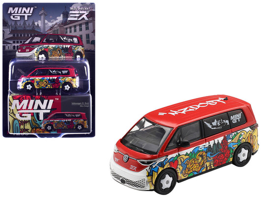 Volkswagen ID. Buzz Van "Mizu Design" Red and White with Graphics Limited Edition 1/64 Diecast Model Car by Mini GT
