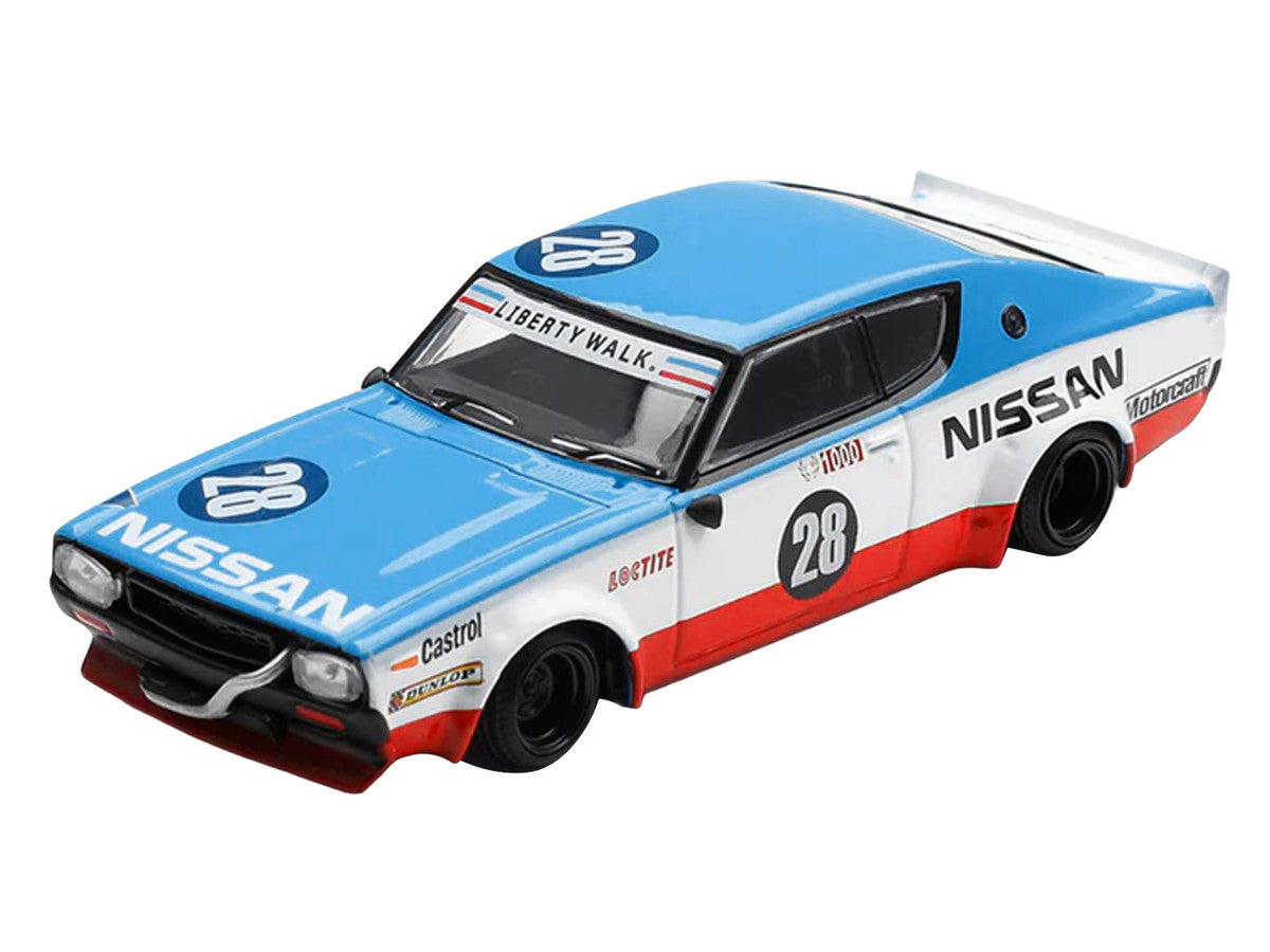 Nissan Skyline Kenmeri RHD (Right Hand Drive) #28 "Liberty Walk - Nissan Racing 1975 Concept" Blue and White with Red Stripes Limited Edition 1/64 Diecast Model Car by Mini GT Mini GT