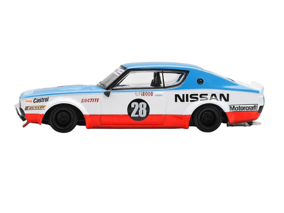 Nissan Skyline Kenmeri RHD (Right Hand Drive) #28 "Liberty Walk - Nissan Racing 1975 Concept" Blue and White with Red Stripes Limited Edition 1/64 Diecast Model Car by Mini GT Mini GT
