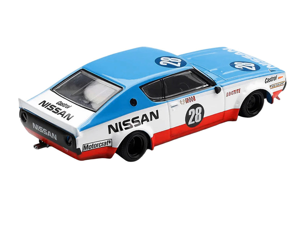 Nissan Skyline Kenmeri RHD (Right Hand Drive) #28 "Liberty Walk - Nissan Racing 1975 Concept" Blue and White with Red Stripes Limited Edition 1/64 Diecast Model Car by Mini GT Mini GT