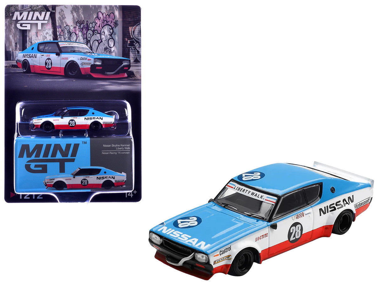 Nissan Skyline Kenmeri RHD (Right Hand Drive) #28 "Liberty Walk - Nissan Racing 1975 Concept" Blue and White with Red Stripes Limited Edition 1/64 Diecast Model Car by Mini GT Mini GT
