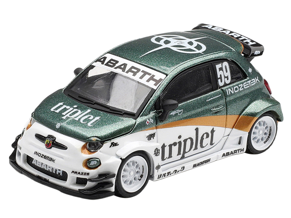 Abarth 595 LB-Works "TY Edition" #59 Green Metallic and White with Gold Stripes and Graphics Limited Edition 1/64 Die Cast Model Car by Mini GT Mini GT