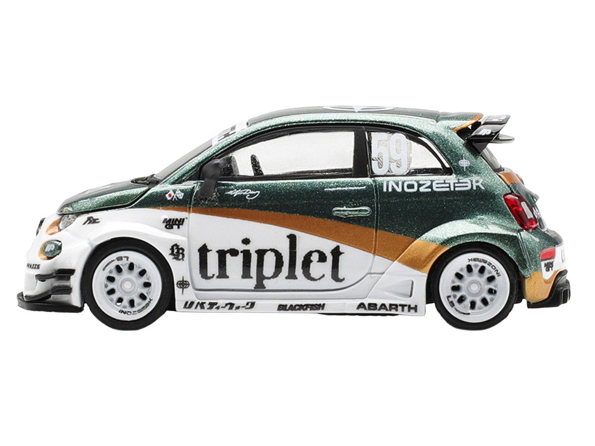 Abarth 595 LB-Works "TY Edition" #59 Green Metallic and White with Gold Stripes and Graphics Limited Edition 1/64 Die Cast Model Car by Mini GT Mini GT