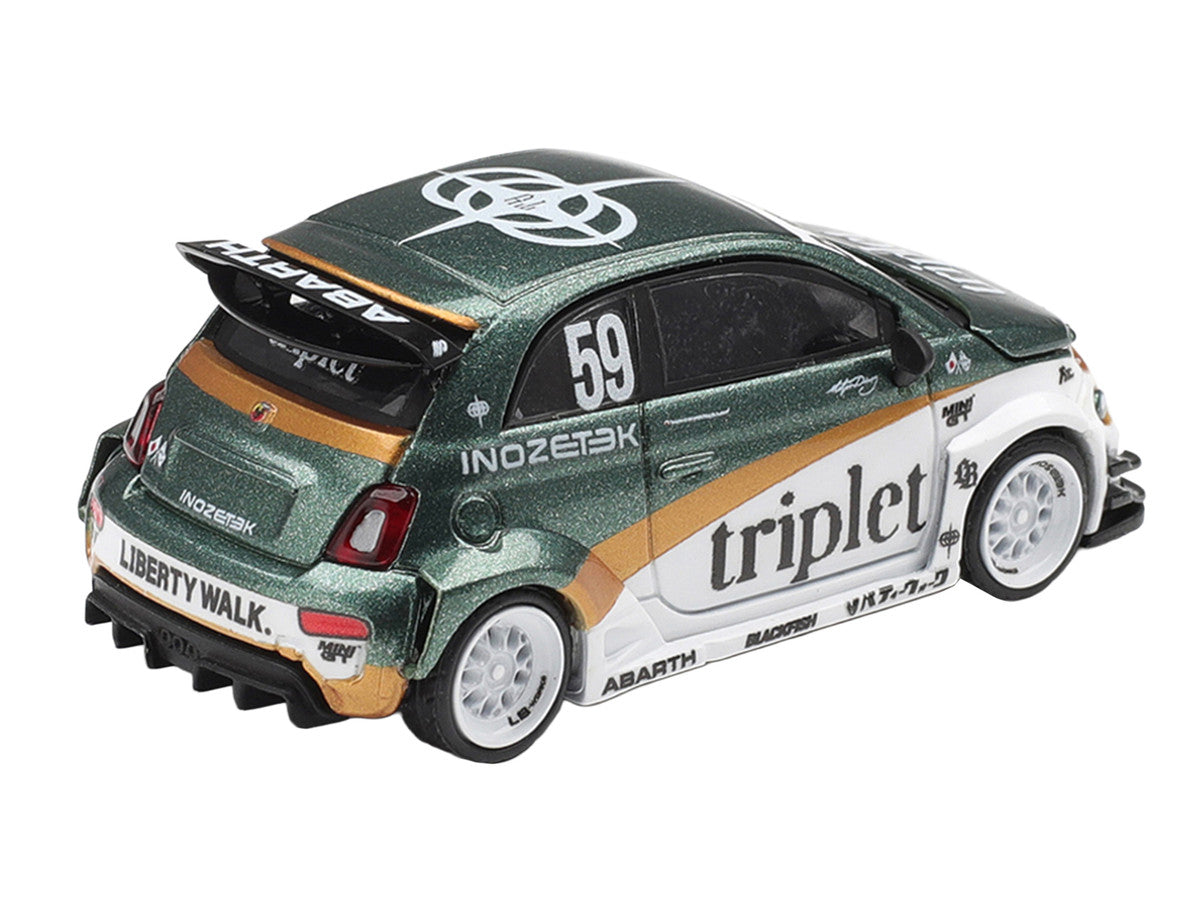 Abarth 595 LB-Works "TY Edition" #59 Green Metallic and White with Gold Stripes and Graphics Limited Edition 1/64 Die Cast Model Car by Mini GT Mini GT