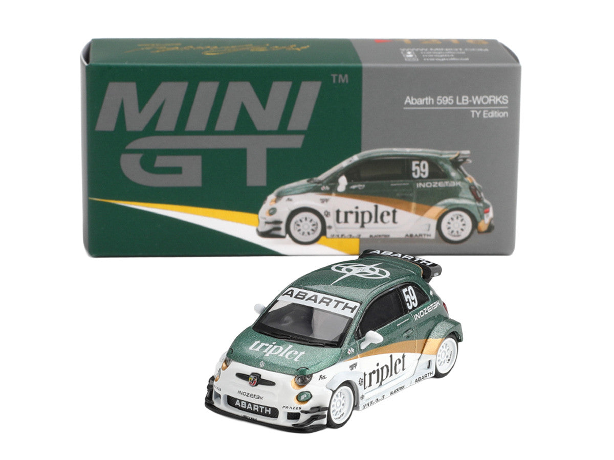 Abarth 595 LB-Works "TY Edition" #59 Green Metallic and White with Gold Stripes and Graphics Limited Edition 1/64 Die Cast Model Car by Mini GT Mini GT