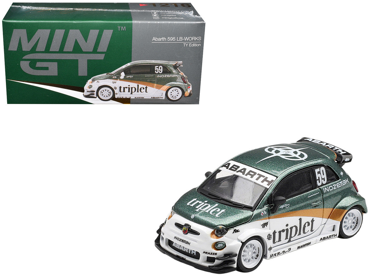 Abarth 595 LB-Works "TY Edition" #59 Green Metallic and White with Gold Stripes and Graphics Limited Edition 1/64 Die Cast Model Car by Mini GT Mini GT