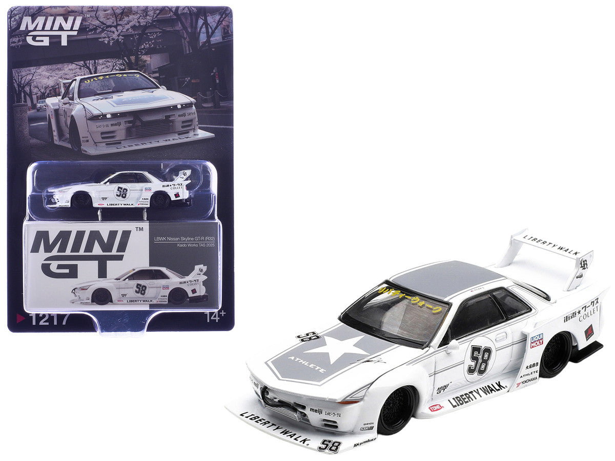 Nissan Skyline GT-R (R32) RHD (Right Hand Drive) #58 "Kaido Works" White with Gray Graphics "Tokyo Auto Salon 2025" Limited Edition 1/64 Diecast Model Car by Mini GT Mini GT