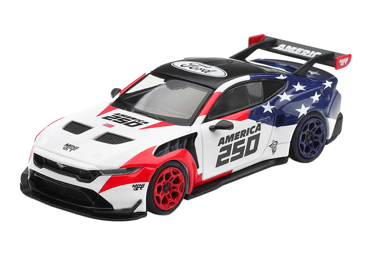 Ford Mustang GTD "America 250 - USA Exclusive" White with American Flag Graphics Limited Edition 1/64 Die Cast Model Car by Mini GT Mini GT