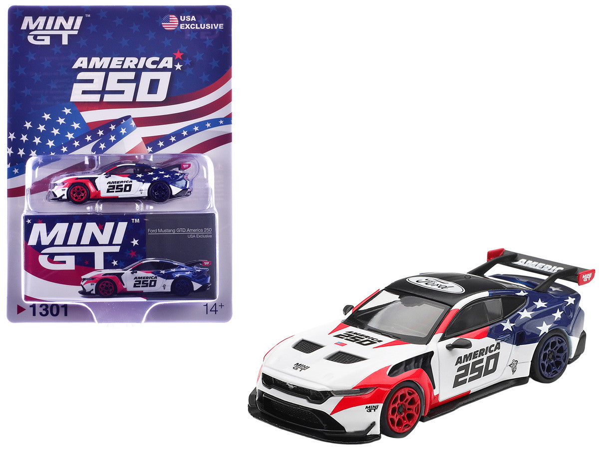 Ford Mustang GTD "America 250 - USA Exclusive" White with American Flag Graphics Limited Edition 1/64 Die Cast Model Car by Mini GT Mini GT