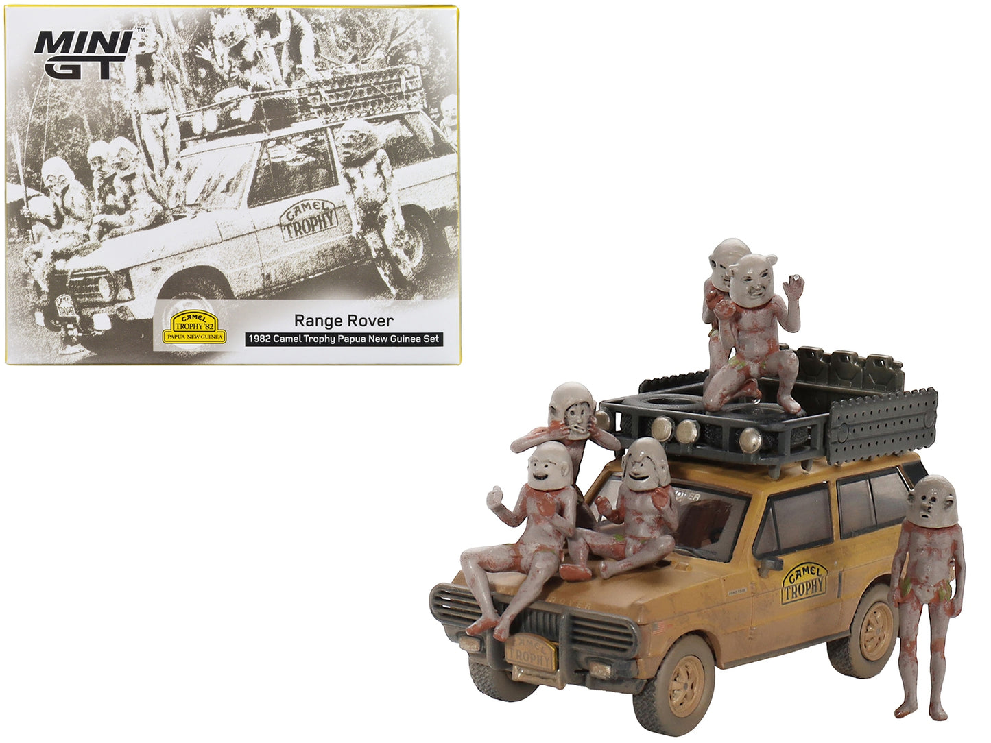 Range Rover with Roofrack Tan (Dirty Version) "Camel Trophy - Papua New Guinea Team USA" (1982) with "Papua New Guinea Asaro Mudmen" 6 piece Figure Set 1/64 Diecast Model Car by Mini GT