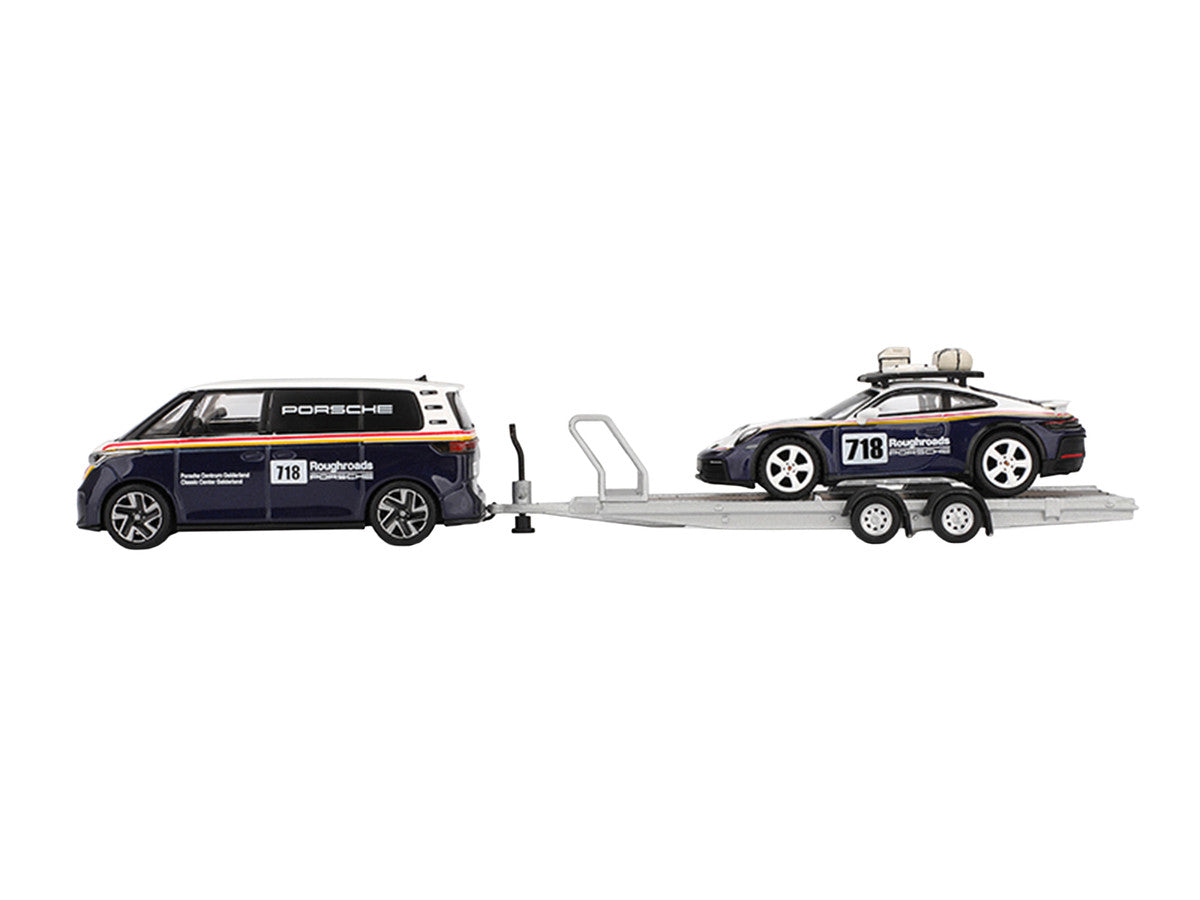 Porsche 911 Dakar #718 Blue and White with Roof Rack and Volkswagen ID. Buzz Blue and White with Flatbed Trailer "Porsche Centrum Gelderland Roughroads" Set of 3 pieces Limited Edition 1/64 Diecast Model Car by Mini GT Mini GT