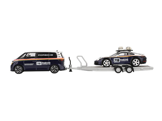 Porsche 911 Dakar #718 Blue and White with Roof Rack and Volkswagen ID. Buzz Blue and White with Flatbed Trailer "Porsche Centrum Gelderland Roughroads" Set of 3 pieces Limited Edition 1/64 Diecast Model Car by Mini GT Mini GT