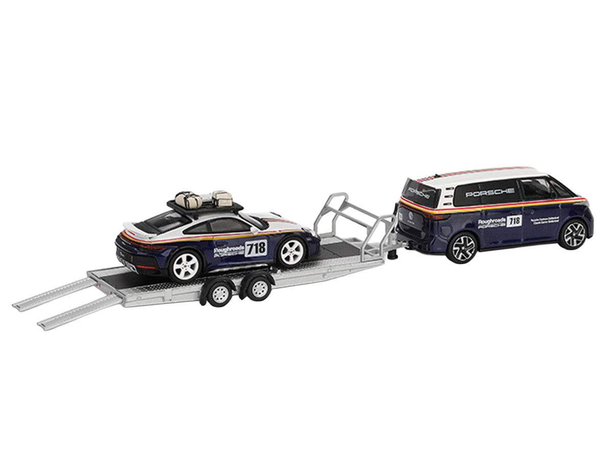 Porsche 911 Dakar #718 Blue and White with Roof Rack and Volkswagen ID. Buzz Blue and White with Flatbed Trailer "Porsche Centrum Gelderland Roughroads" Set of 3 pieces Limited Edition 1/64 Diecast Model Car by Mini GT Mini GT