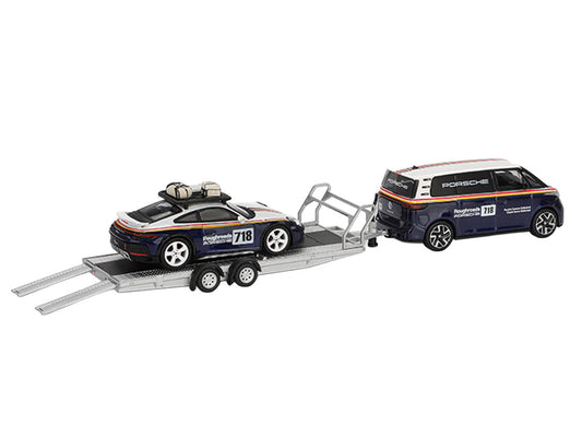 Porsche 911 Dakar #718 Blue and White with Roof Rack and Volkswagen ID. Buzz Blue and White with Flatbed Trailer "Porsche Centrum Gelderland Roughroads" Set of 3 pieces Limited Edition 1/64 Diecast Model Car by Mini GT Mini GT