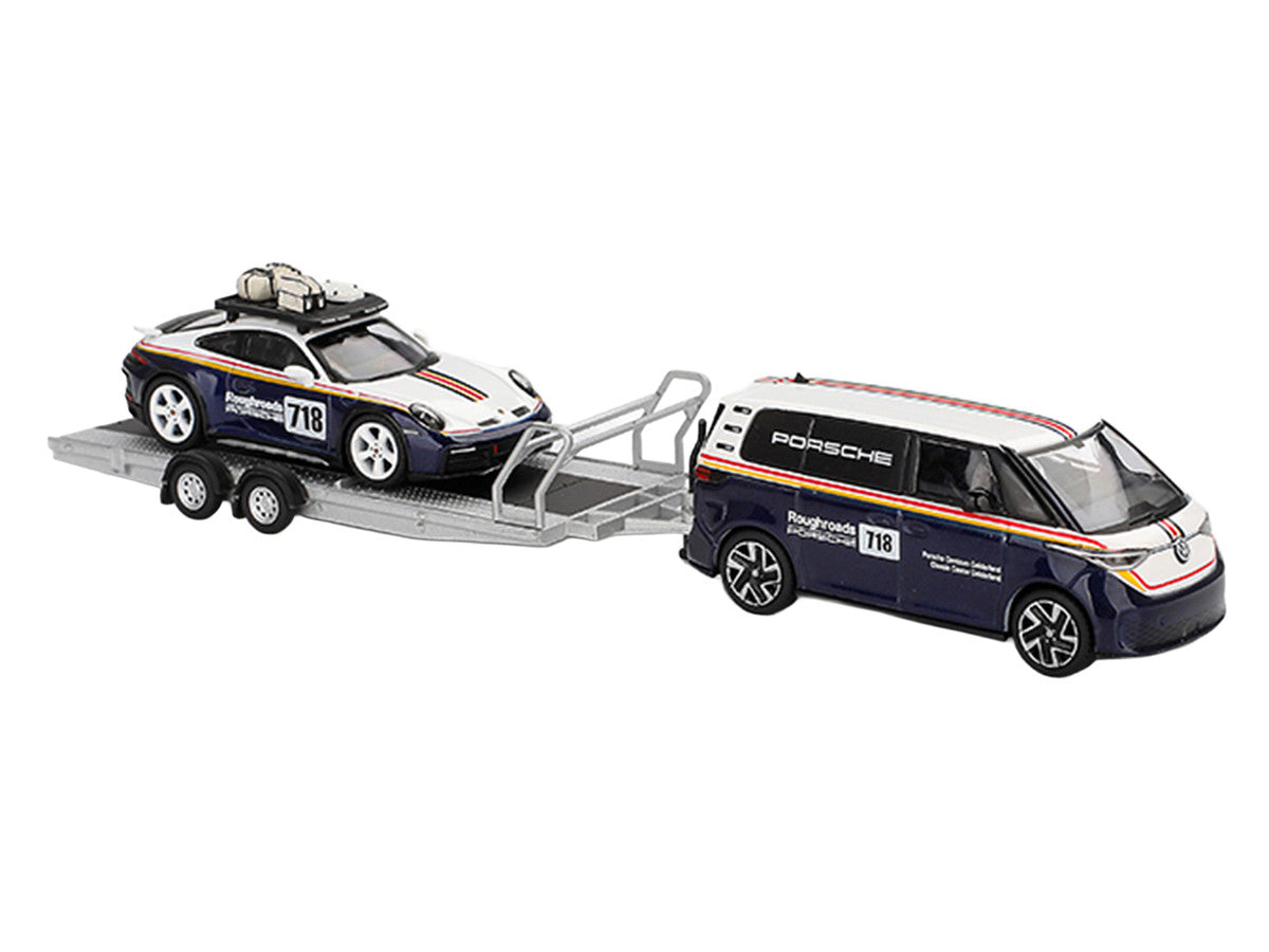 Porsche 911 Dakar #718 Blue and White with Roof Rack and Volkswagen ID. Buzz Blue and White with Flatbed Trailer "Porsche Centrum Gelderland Roughroads" Set of 3 pieces Limited Edition 1/64 Diecast Model Car by Mini GT Mini GT