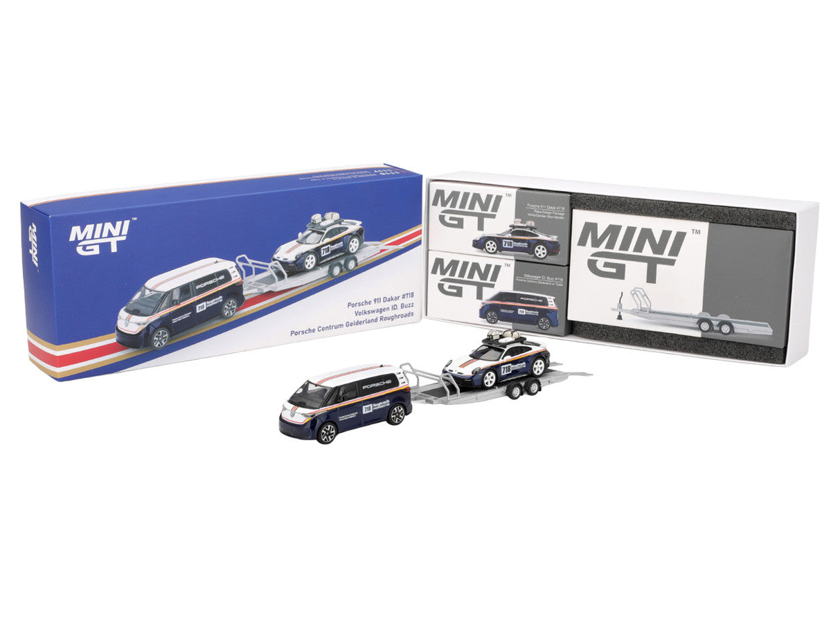 Porsche 911 Dakar #718 Blue and White with Roof Rack and Volkswagen ID. Buzz Blue and White with Flatbed Trailer "Porsche Centrum Gelderland Roughroads" Set of 3 pieces Limited Edition 1/64 Diecast Model Car by Mini GT Mini GT
