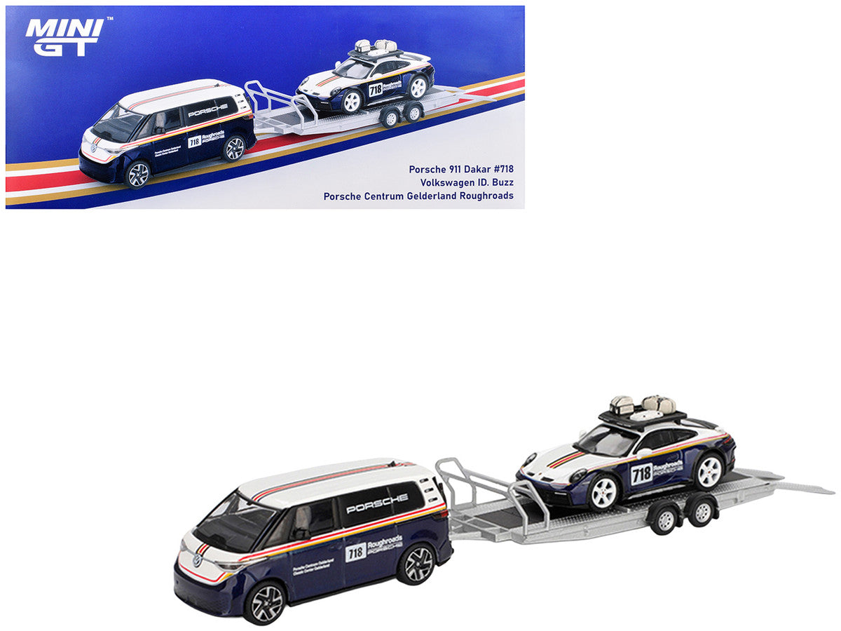 Porsche 911 Dakar #718 Blue and White with Roof Rack and Volkswagen ID. Buzz Blue and White with Flatbed Trailer "Porsche Centrum Gelderland Roughroads" Set of 3 pieces Limited Edition 1/64 Diecast Model Car by Mini GT Mini GT
