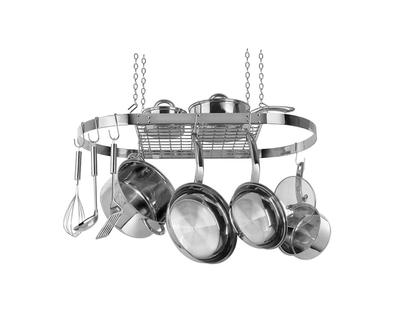 Modern Ceiling Mounted Stainless Steel Oval Hanging Pot Rack FastFurnishings