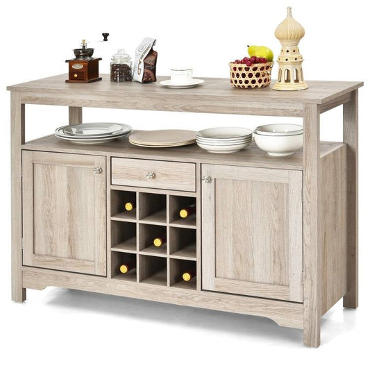 Grey Wood Sideboard Buffet Server Cabinet with Wine Rack and Storage Shelf FastFurnishings