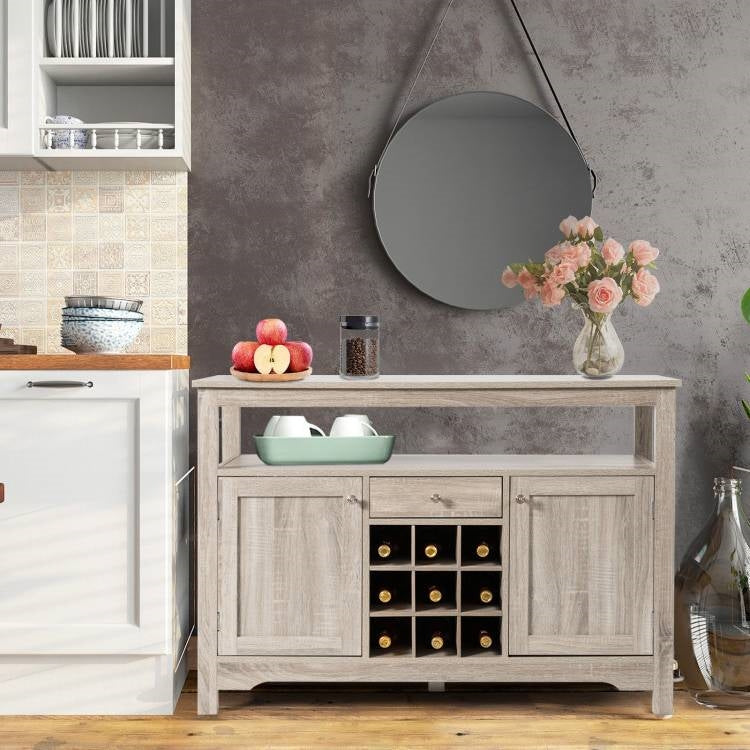 Grey Wood Sideboard Buffet Server Cabinet with Wine Rack and Storage Shelf FastFurnishings