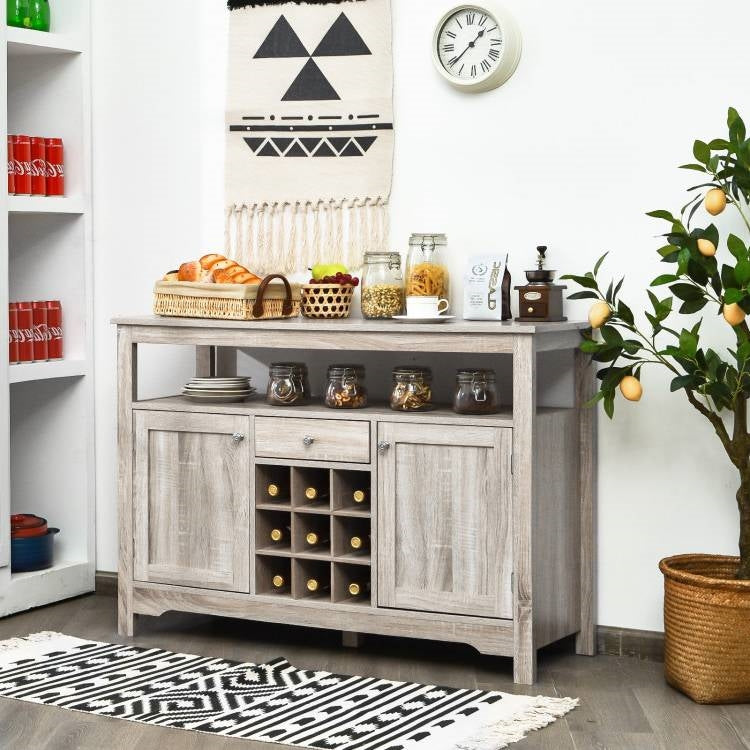 Grey Wood Sideboard Buffet Server Cabinet with Wine Rack and Storage Shelf FastFurnishings