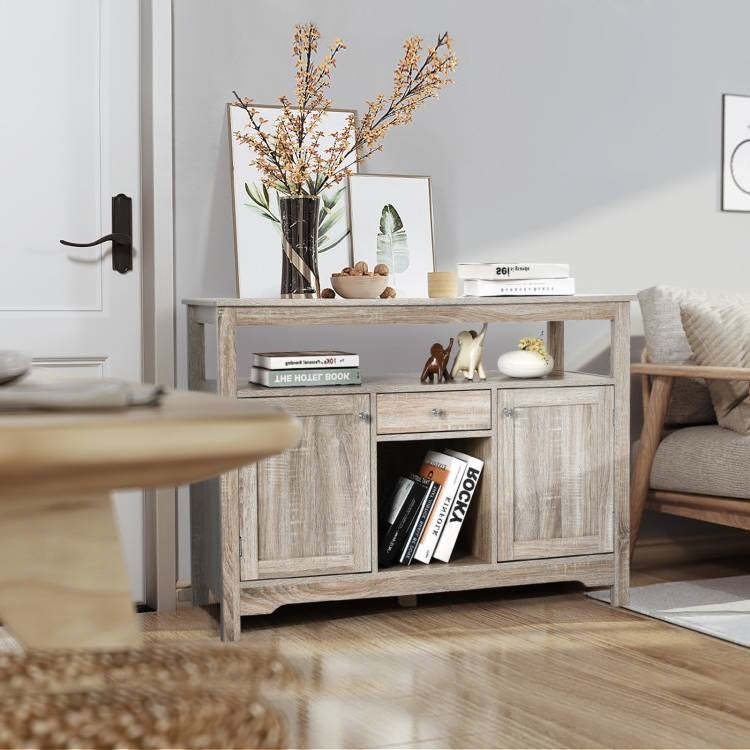 Grey Wood Sideboard Buffet Server Cabinet with Wine Rack and Storage Shelf FastFurnishings