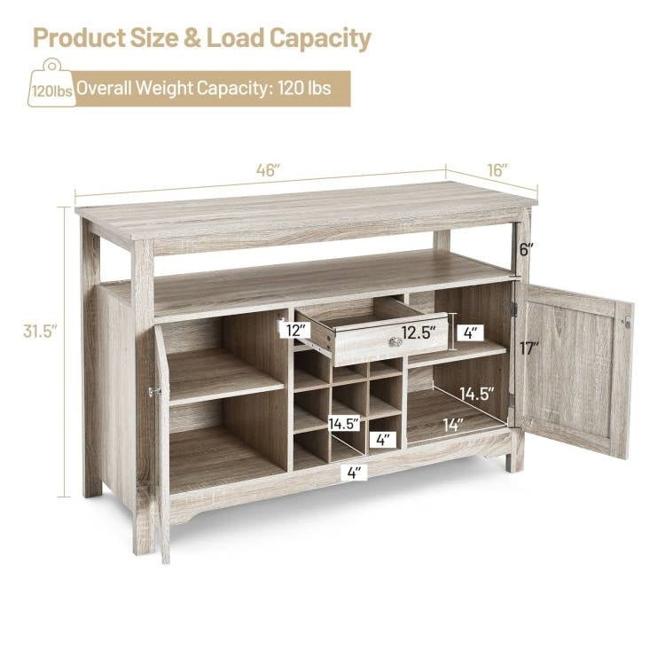 Grey Wood Sideboard Buffet Server Cabinet with Wine Rack and Storage Shelf FastFurnishings