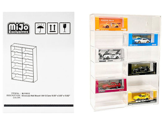Showcase 12 Car Display Case Wall Mount with Clear Back Panel and Extra Space "Mijo Exclusives" for 1/64 Scale Models Other