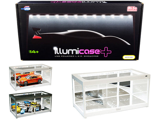 White Collectible Display Show Case Illumicase+ with LED Lights and Mirror Base and Back for 1/64 1/43 1/32 1/24 1/18 Scale Models by Illumibox Illumibox