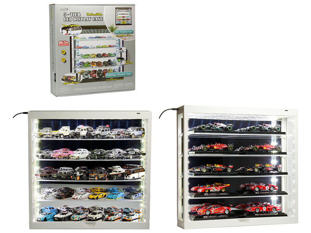 Showcase Wall Mount 5 Tier Display Case White with Mirror Back Panel "Mijo Exclusives" for 1/64-1/43 Scale Models-0