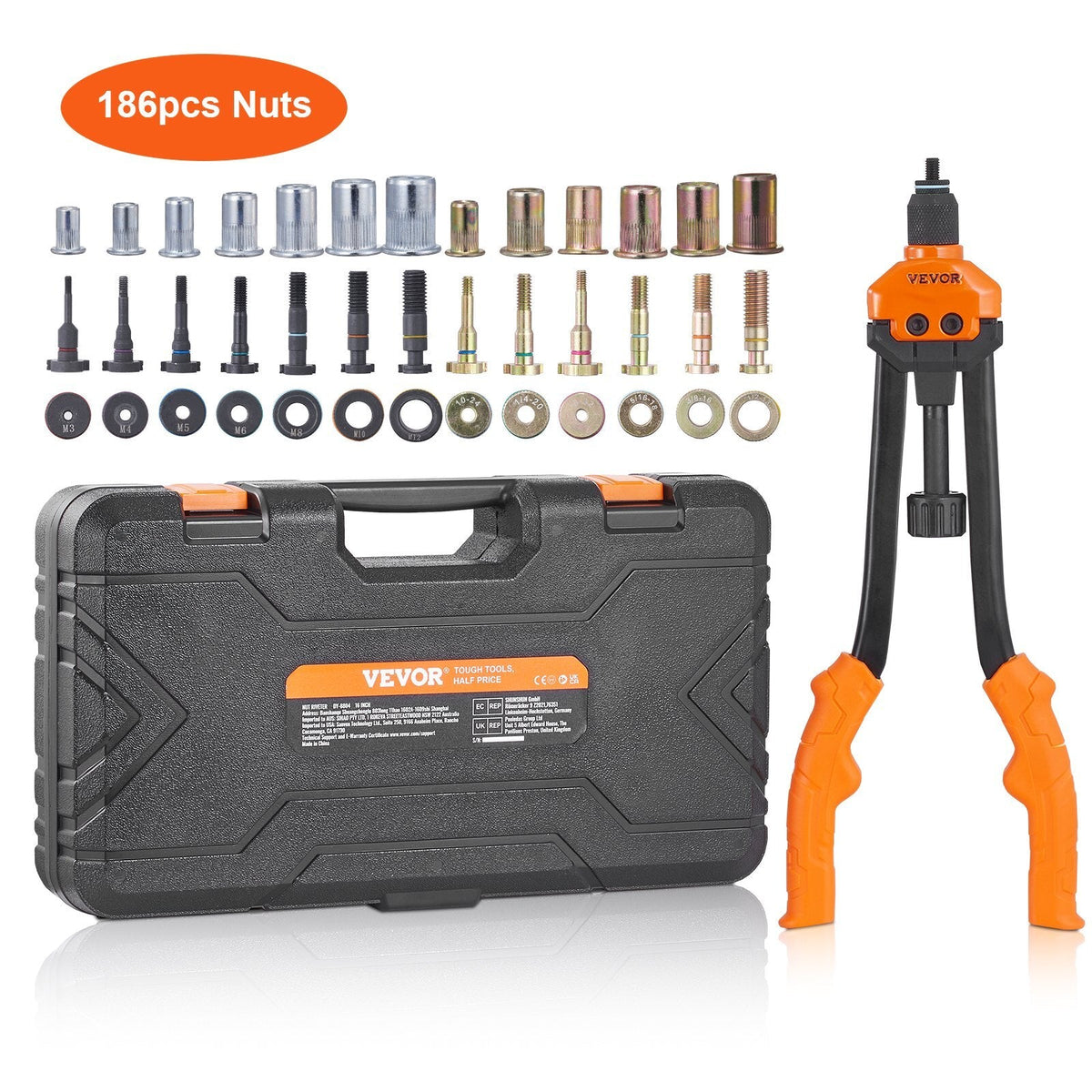 16" Rivet Nut Tool, Labor-Saving Rivnut Tool Kit with 13PCS Metric & SAE Mandrels, 186PCS Rivet Nuts,M3, M4, M5, M6, M8, M10, M12, 1/4-20, 5/16-18, 3/8-16,1/2-13, 8-32, 10-24 With Carrying Case W2B