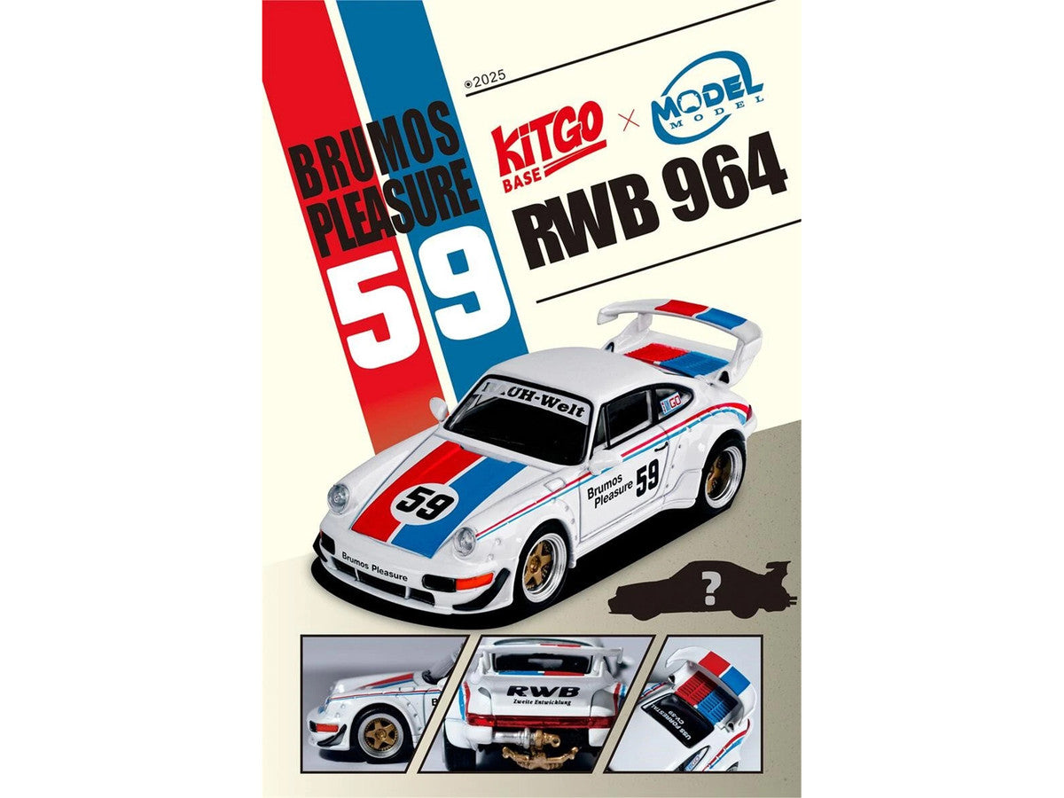 RWB 964 #59 "Brumos Pleasure" White with Red and Blue Stripes "KitGo Base" Series 1/64 Diecast Model Car by Model Model Model Model