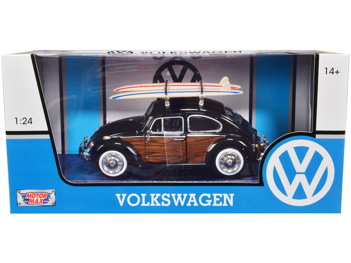 1966 Volkswagen Beetle Black with Wood Panels and Two Surfboards on Roof Rack 1/24 Diecast Model Car by Motormax Motormax