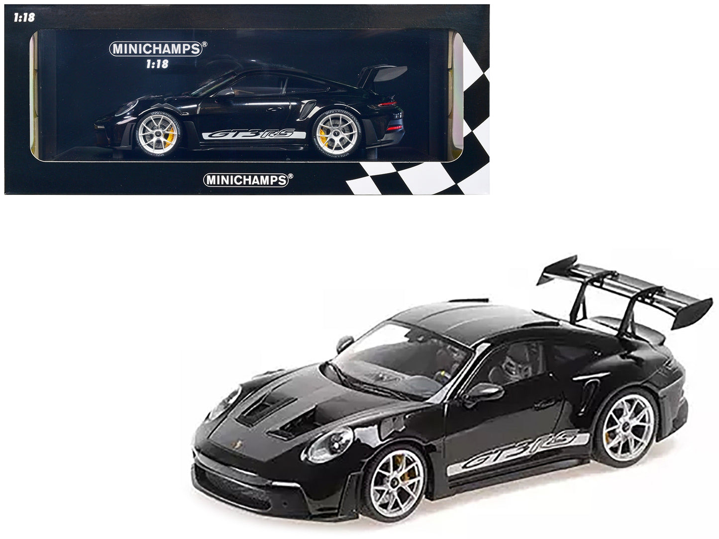 2023 Porsche 911 (992) GT3 RS Black with Carbon Top and Hood Stripes Limited Edition to 300 pieces Worldwide 1/18 Diecast Model Car by Minichamps