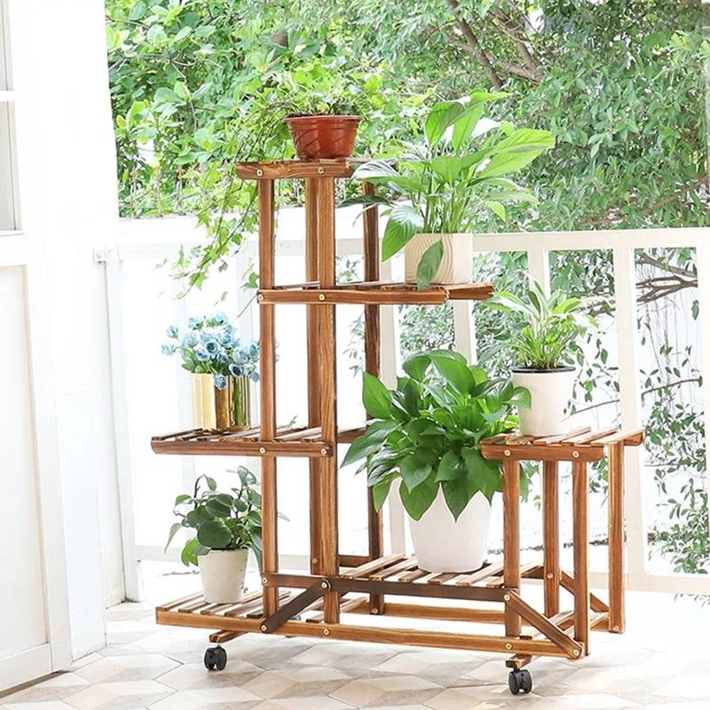 6-Shelf Portable Wooden Flower Pot Plant Stand with Locking Wheels FastFurnishings