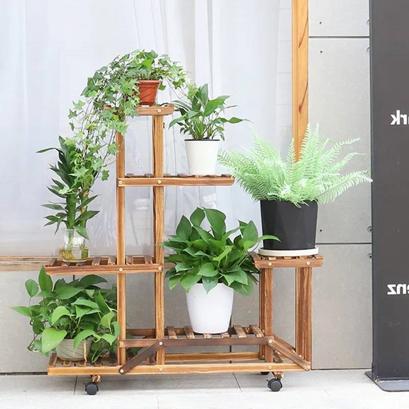 6-Shelf Portable Wooden Flower Pot Plant Stand with Locking Wheels FastFurnishings