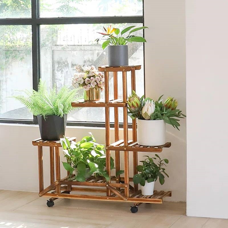 6-Shelf Portable Wooden Flower Pot Plant Stand with Locking Wheels FastFurnishings