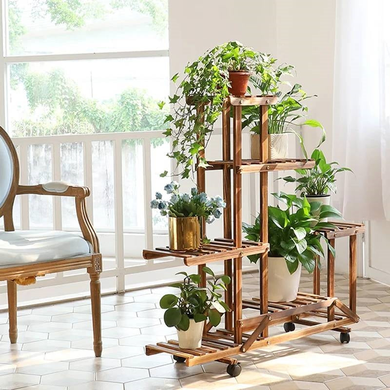 6-Shelf Portable Wooden Flower Pot Plant Stand with Locking Wheels FastFurnishings