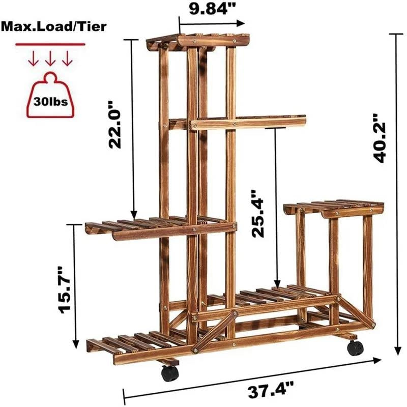 6-Shelf Portable Wooden Flower Pot Plant Stand with Locking Wheels FastFurnishings