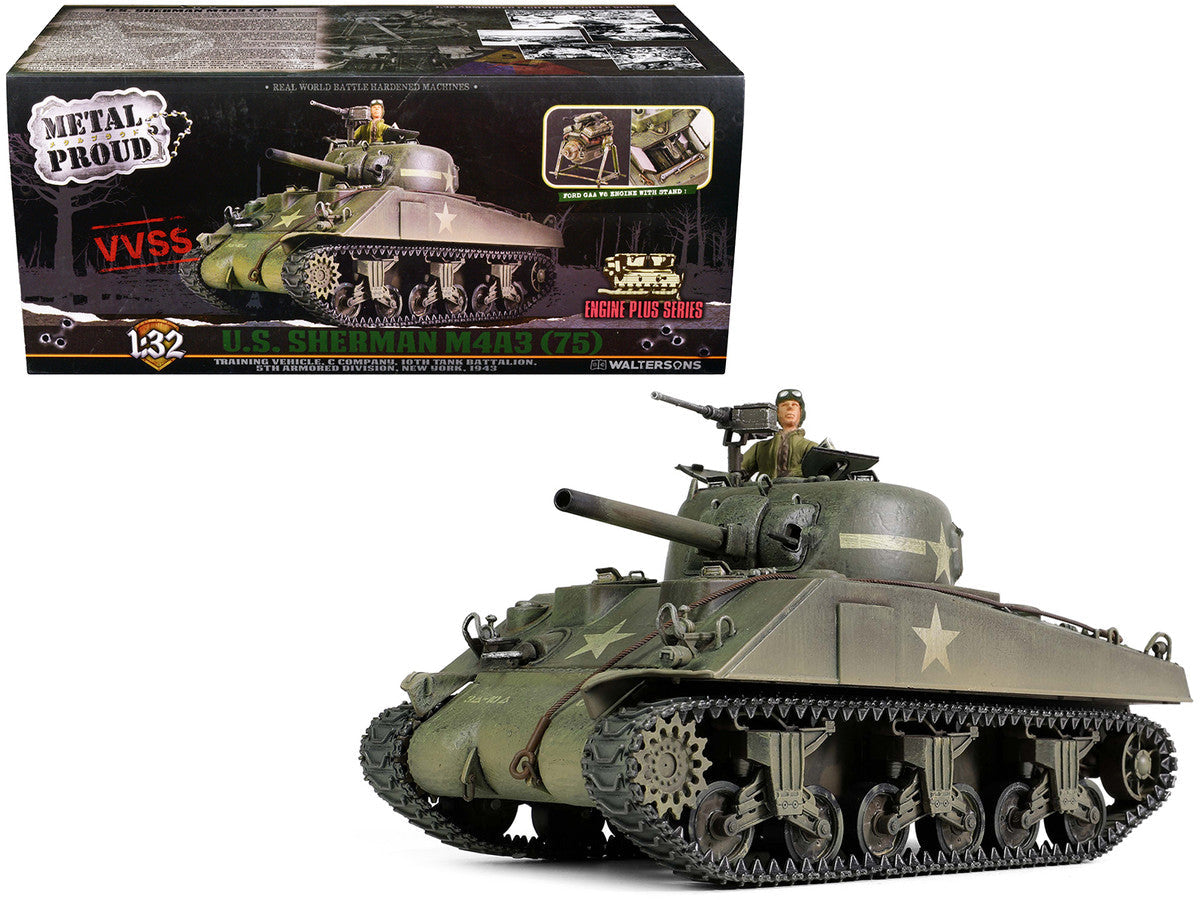 Sherman M4A3 (75) Medium Tank U.S. "Training vehicle C Company 10th Tank Battalion 5th Armored Division New York" (1943) "Engine Plus" Series 1/32 Diecast Model by Metal Proud Metal Proud