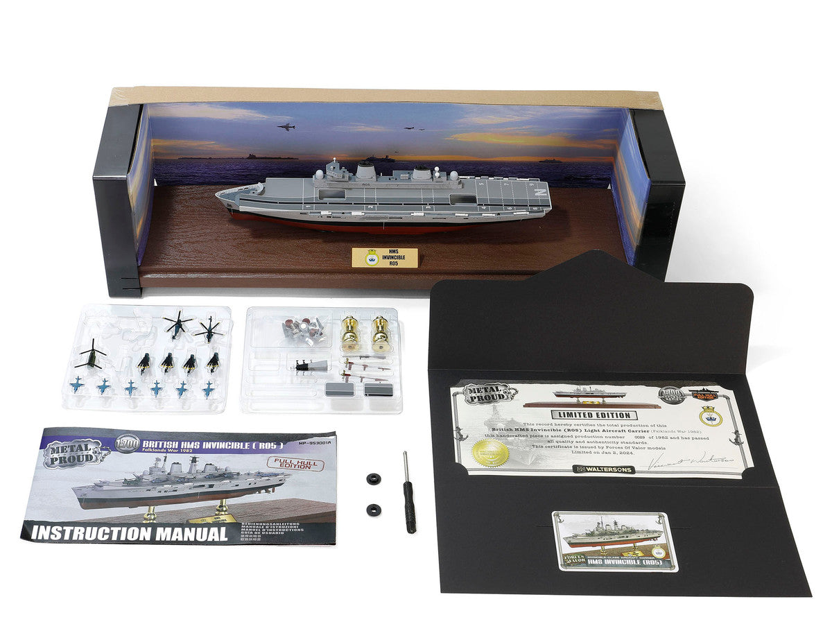 British HMS Invincible (R05) Aircraft Carrier Full-Hull Edition "Falklands War" (1982) British Royal Navy "Battleship" Series 1/700 Diecast Model by Metal Proud Metal Proud