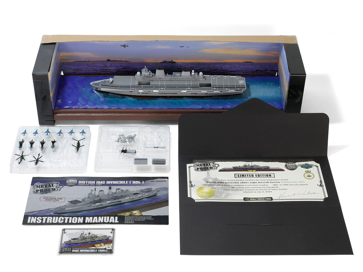 British HMS Invincible (R05) Aircraft Carrier Waterline Edition "Falklands War" (1982) British Royal Navy "Battleship" Series 1/700 Diecast Model by Metal Proud Metal Proud