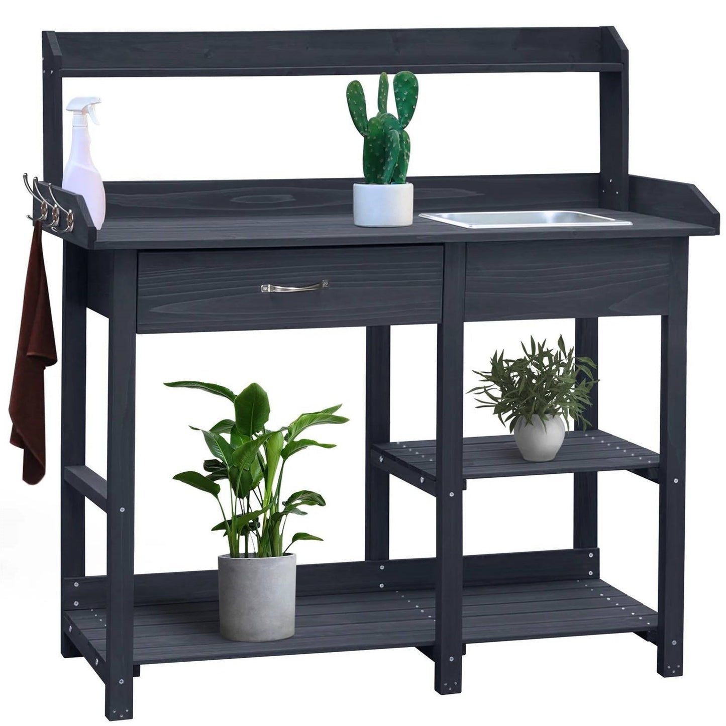 Grey Wood Outdoor Garden Potting Bench Storage Shelf with Removeable Sink FastFurnishings