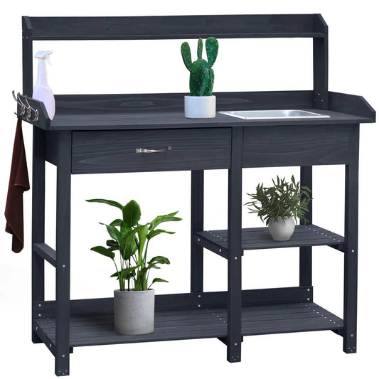 Grey Wood Outdoor Garden Potting Bench Storage Shelf with Removeable Sink FastFurnishings