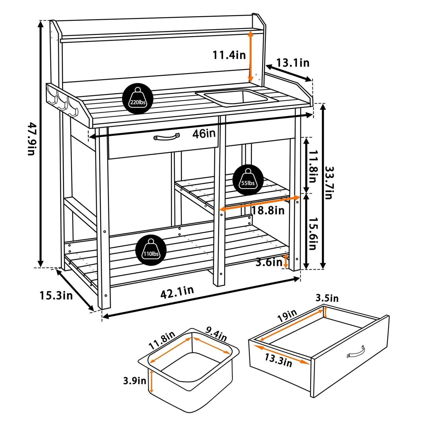 Grey Wood Outdoor Garden Potting Bench Storage Shelf with Removeable Sink FastFurnishings