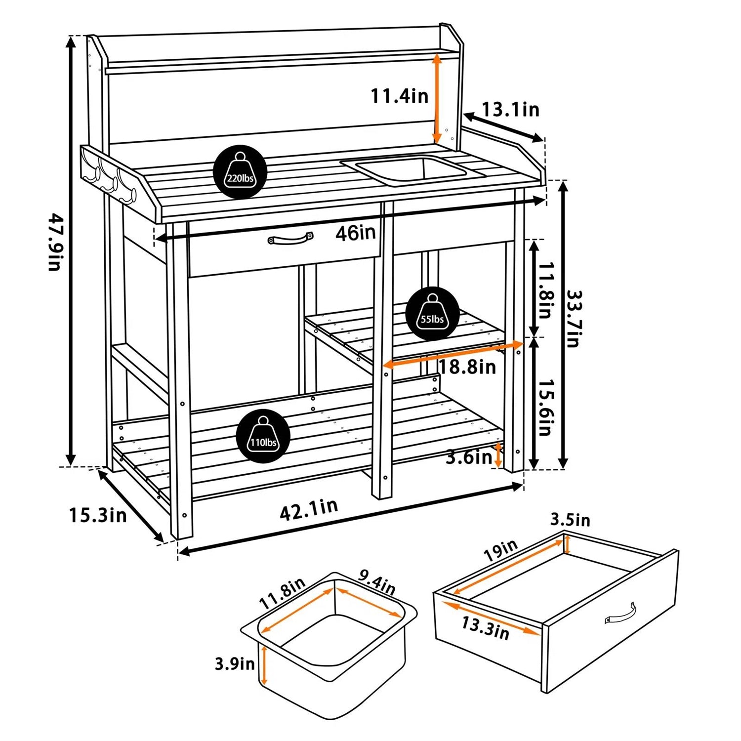 Grey Wood Outdoor Garden Potting Bench Storage Shelf with Removeable Sink FastFurnishings