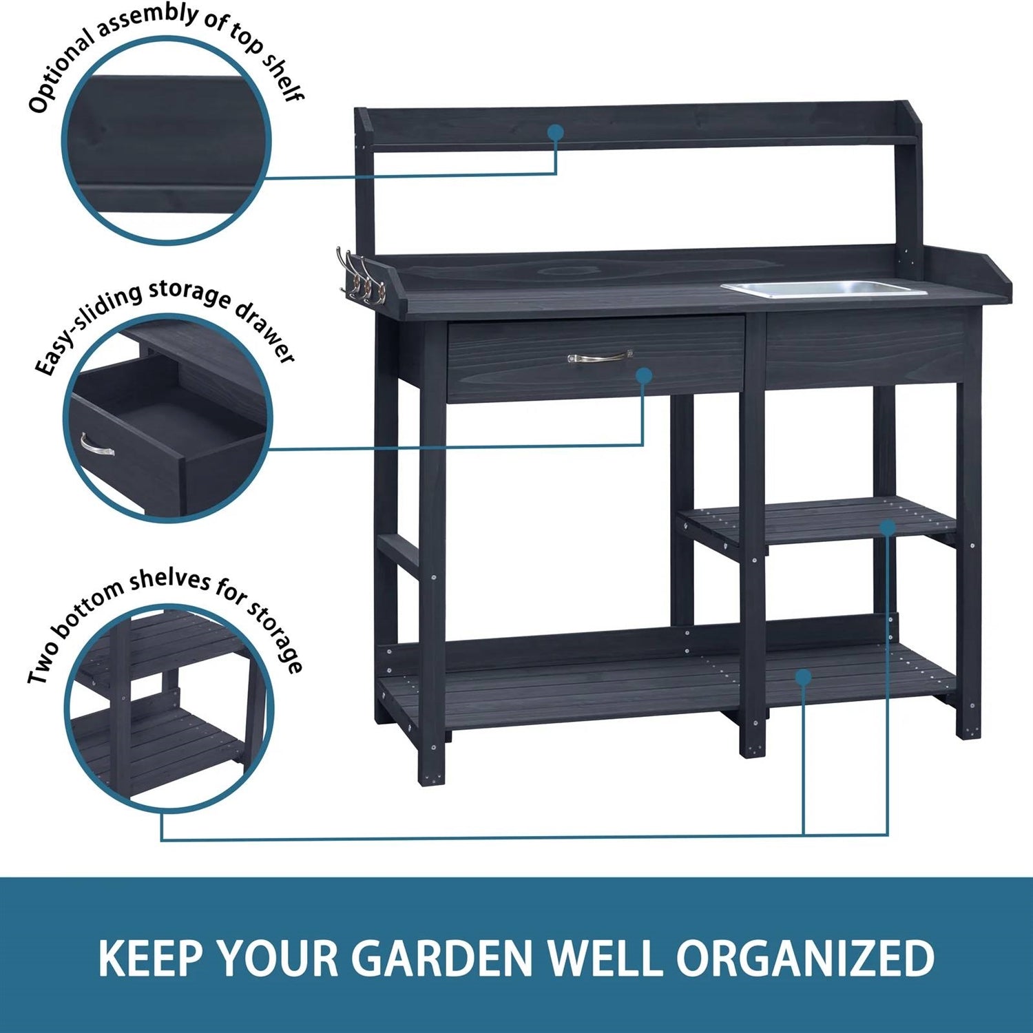 Grey Wood Outdoor Garden Potting Bench Storage Shelf with Removeable Sink FastFurnishings