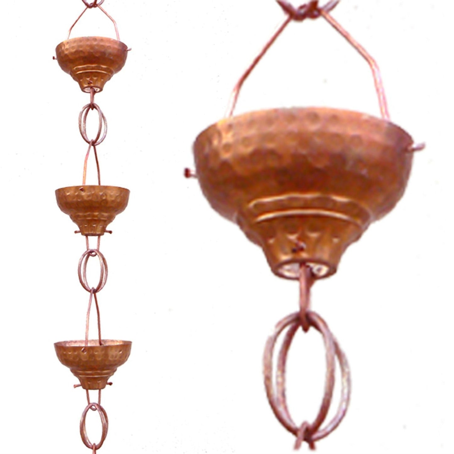 Pure Copper 8.5-Ft Rain Chain with 13 Hammered Funnel Shape Cups FastFurnishings